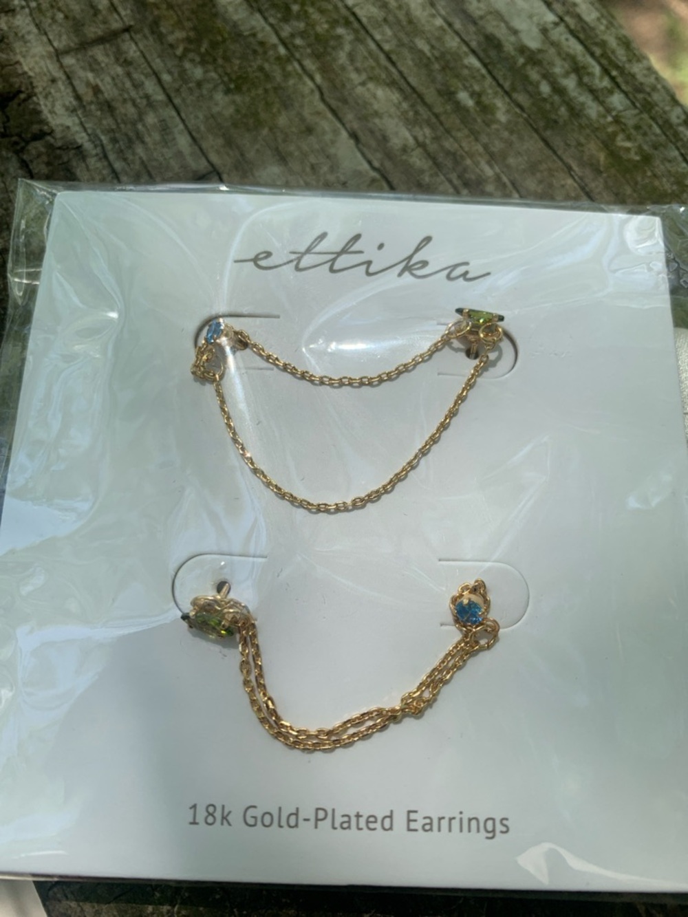 NWT ettika Gold-Plated Double Chain Earrings with Blue and Green Stones